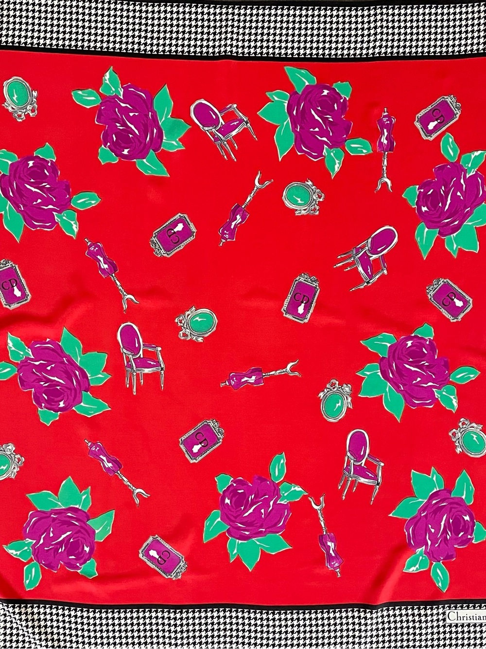 Gorg Vintage Christian Dior Silk Scarf Crimson with Roses Large 34 In Mint Cond - Picture 2 of 10